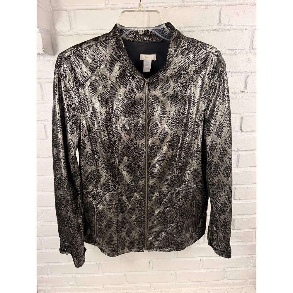 Animal Print Chico's Size 2 L Metallic Snakeskin Moto Jacket Zip Front Silver